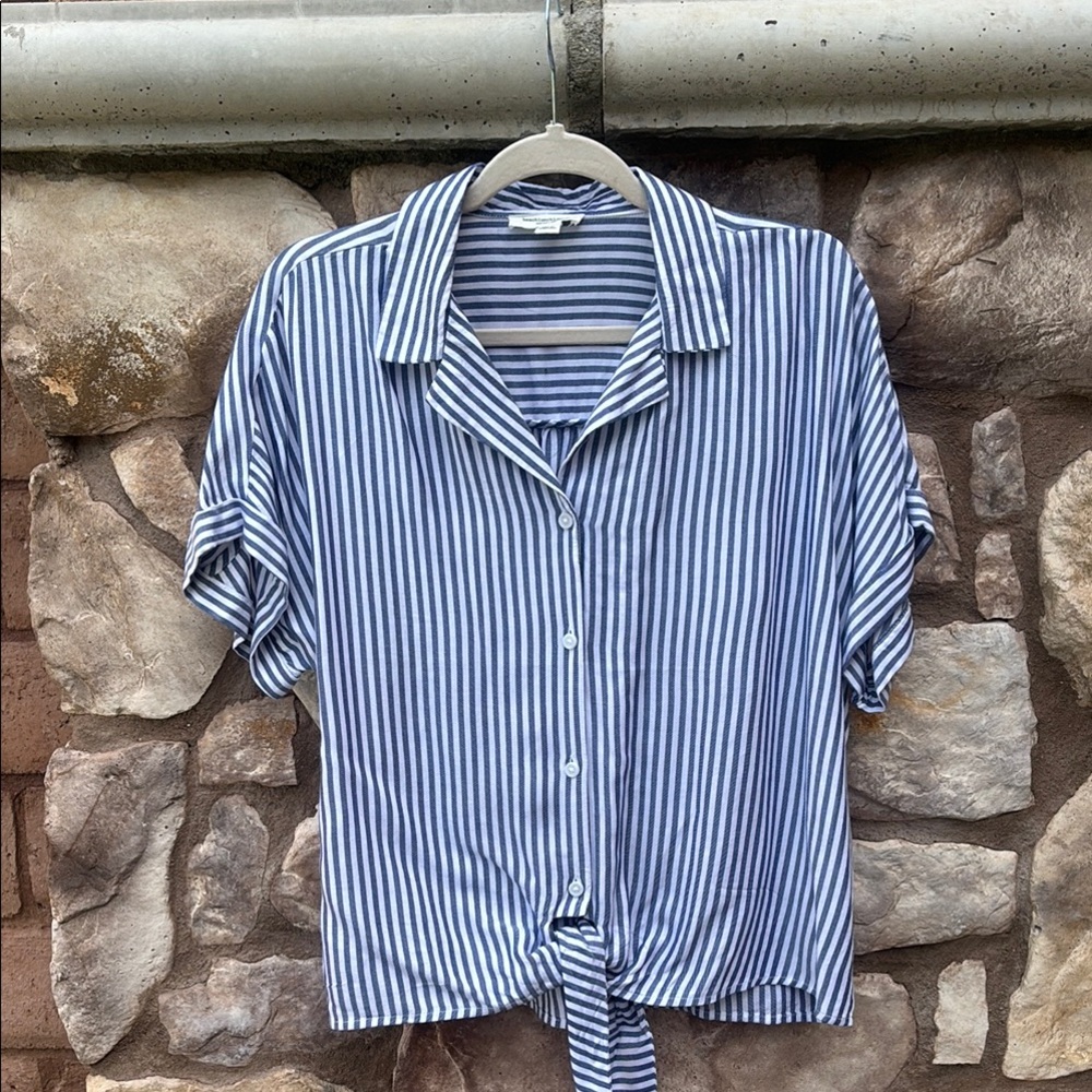 Beach Lunch Lounge Button Down Short Sleeve Shirt Tie Front Striped Large